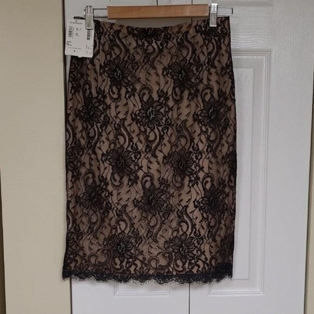 Sarah Arizona Lace PencilSkirt Black Mocha Floral Eyelash Hem Size MP NWT